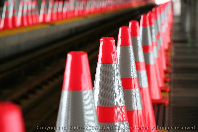 IMG_1269 red traffic cones bart train line artsy